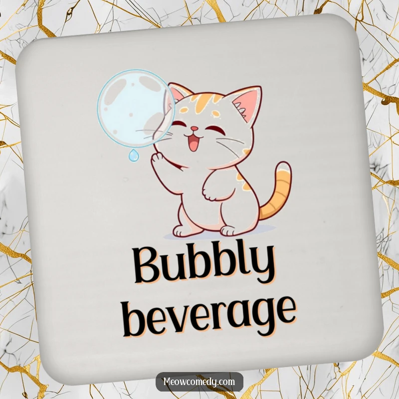 Funny Kawaii Cat Coaster: Cartoon cat batting at a bubble, a humorous and protective accessory.