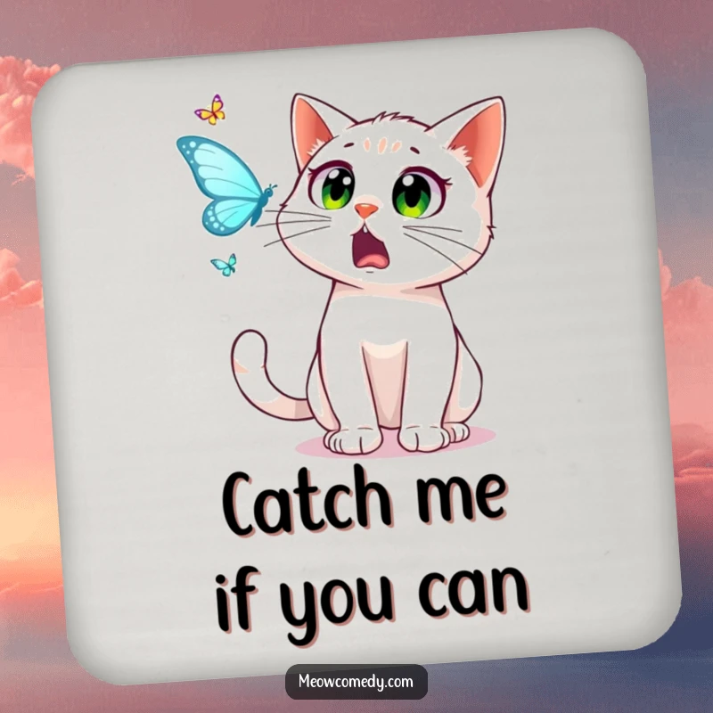 Funny surprised cat, wide startled eyes, watching a dancing butterfly, on a drink coaster, protecting surfaces humorously.