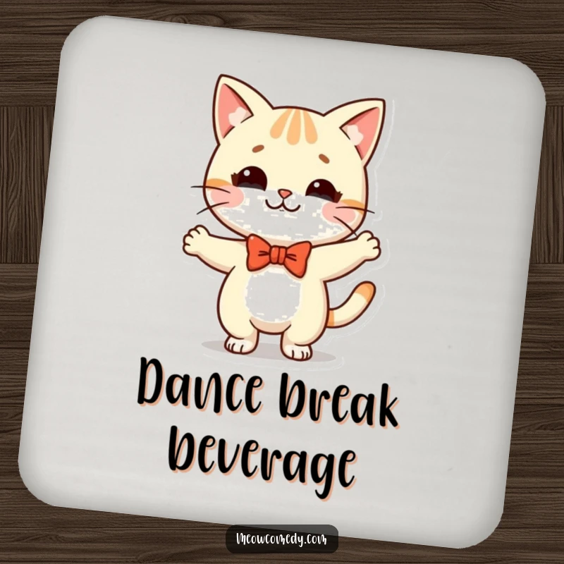 Funny Kawaii Cat Coaster: a cute cat with a bow tie, doing a silly dance, adding playful protection to surfaces.