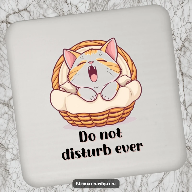 Funny drink coaster displaying a stylized basket with a cat in the middle of a huge, humorous yawn.