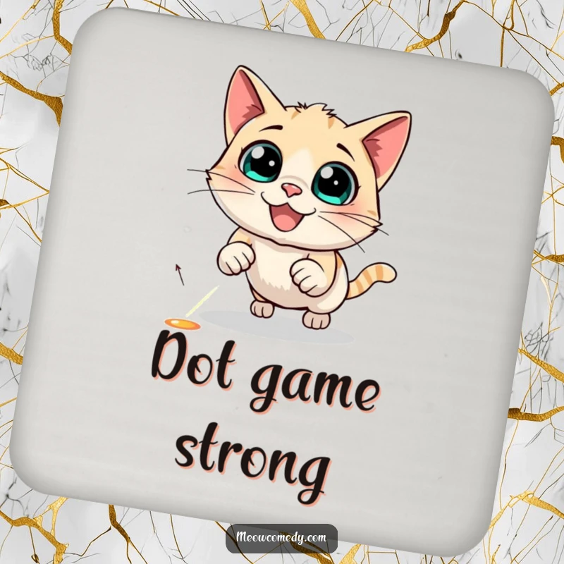 Funny Cat Coasters depicting a black cat's frantic, joyful chase after a tiny red laser pointer dot.