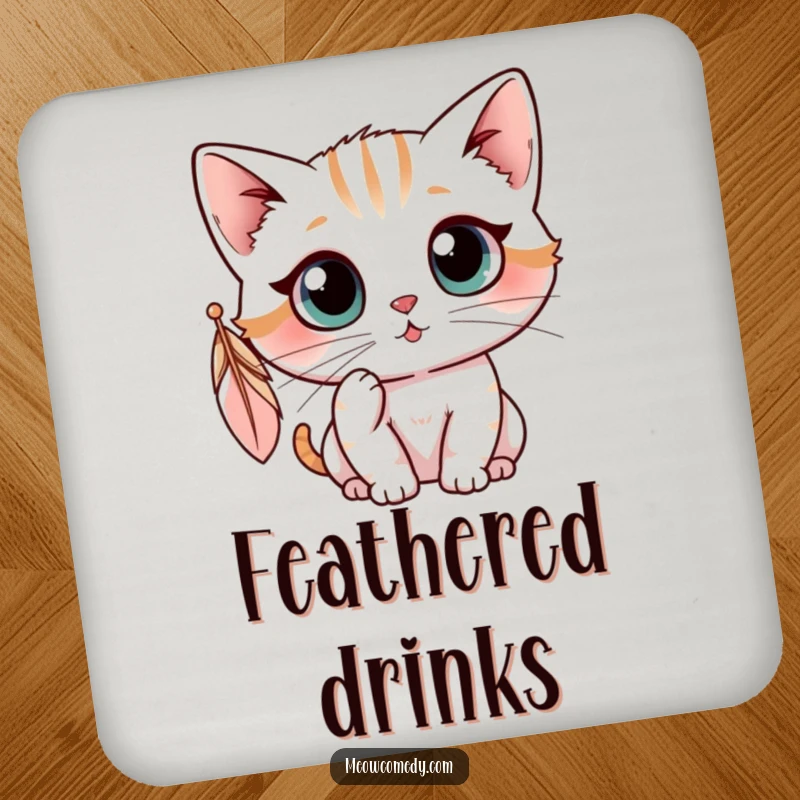 Funny kawaii cat batting at a dangling feather, cute and humorous coaster for drink protection.