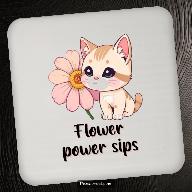 Funny Cat Coasters depicting a curious cat with whiskers twitching, sniffing a large, colorful flower.