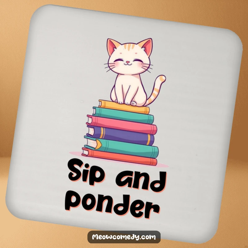 Funny drink coaster illustrating an elegant cat balancing on a stack of colorful books, perfect for readers.