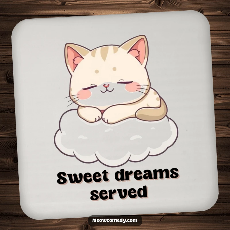 Funny Cat Coasters depicting a serene cat peacefully napping on a fluffy white cloud with eyes closed.