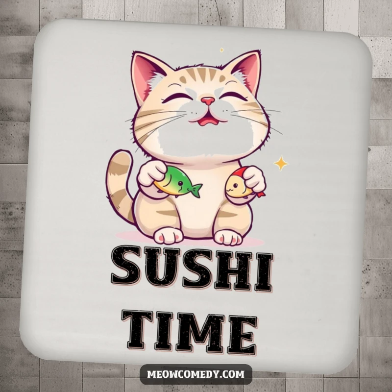 Funny content cat, purring loudly, juggling three small fish toys on a drink coaster, adding humorous protection.