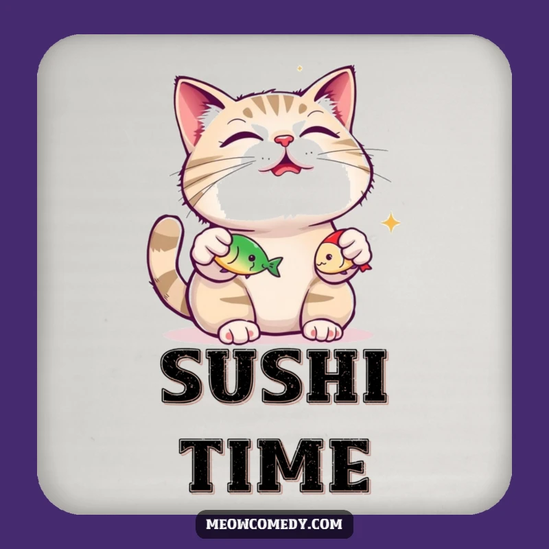 Funny Cat Coaster: Juggling Fish Toys, Content Purring Cat - Gift