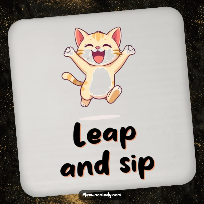 Funny Cat Leap Coaster: an energetic cat cub, leaping with excitement, adding dynamic protection to surfaces.