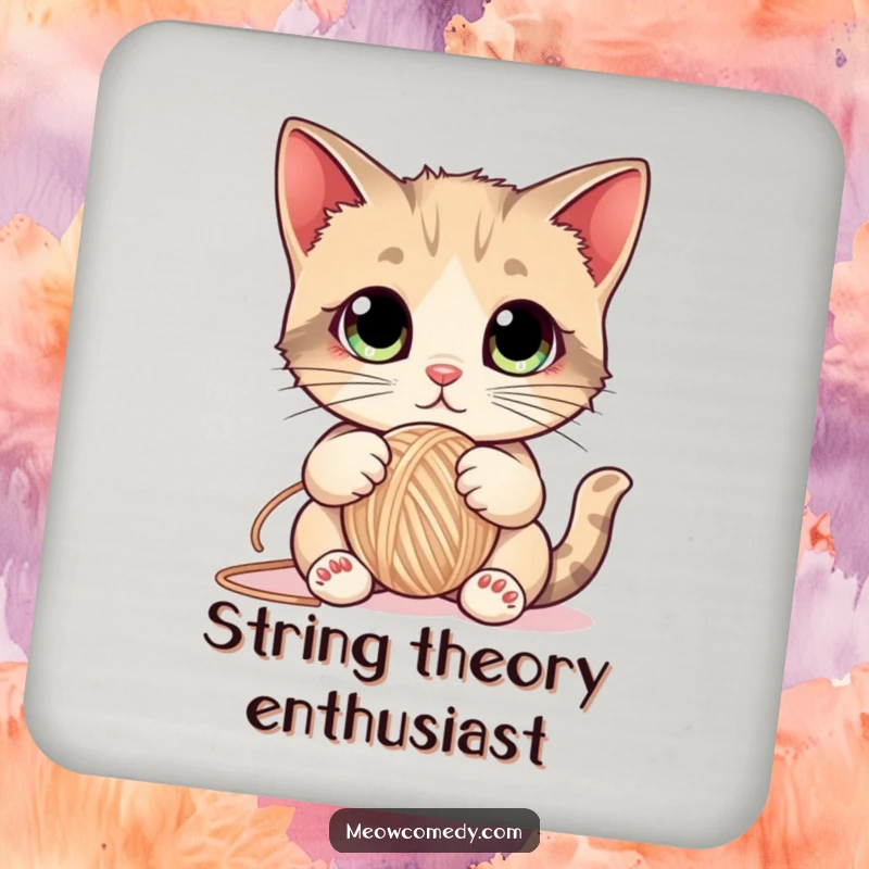 Funny Cat Drink Coaster depicting a cute kitten with big eyes playfully batting a ball of yarn, adding humor to your drink.