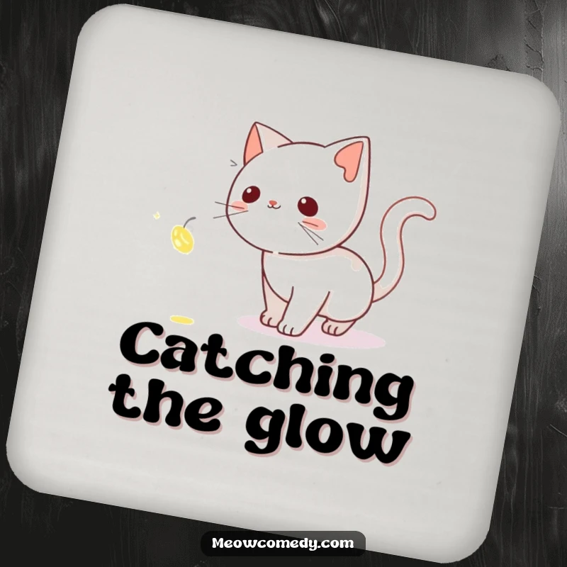 Funny Cat Coaster: A stealthy cat tiptoeing after a shimmering firefly, protecting your table with a touch of magic.