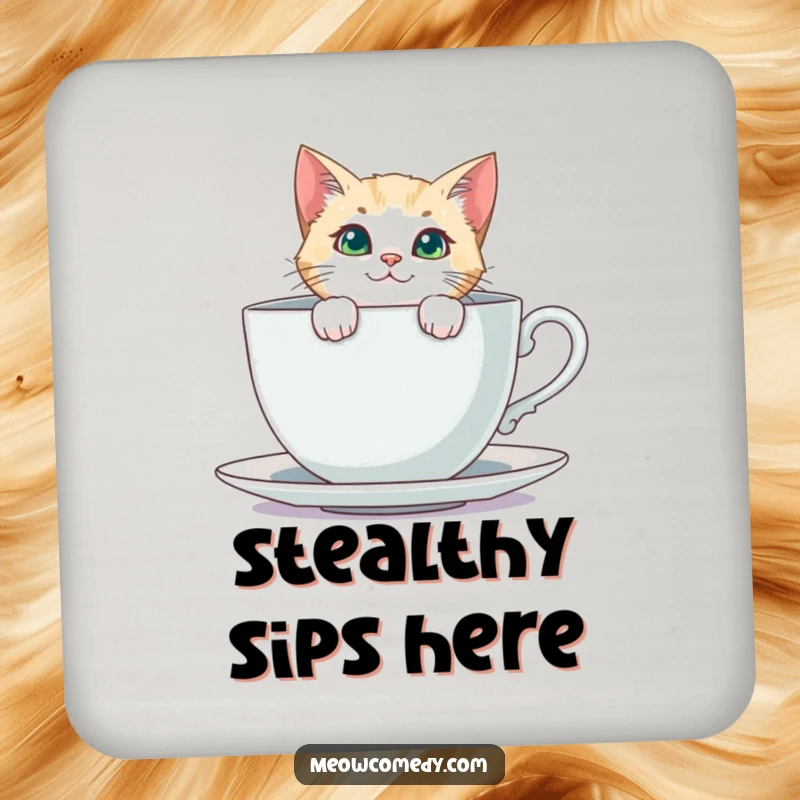 Funny Curious Cat Coaster: A cat peeking from behind a giant teacup is depicted on this amusing and decorative drink coaster.