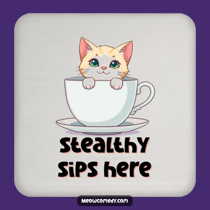 Funny Curious Cat Coaster: Teacup Peeking Feline Drink Protector Gift