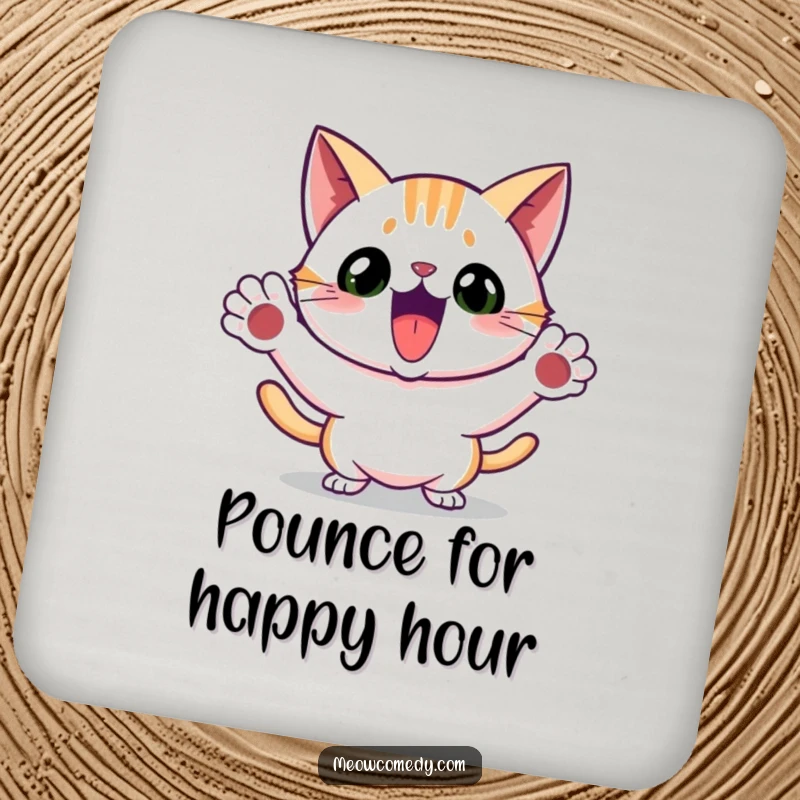 Funny drink coasters featuring an excited cat in a playful pounce, adding humorous protection to tabletops.