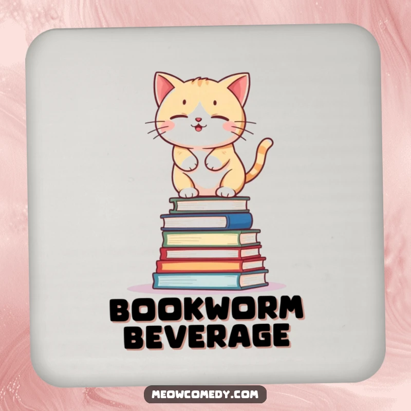 Funny kawaii cat balancing on a wobbly stack of books, cute and humorous coaster for drink protection.