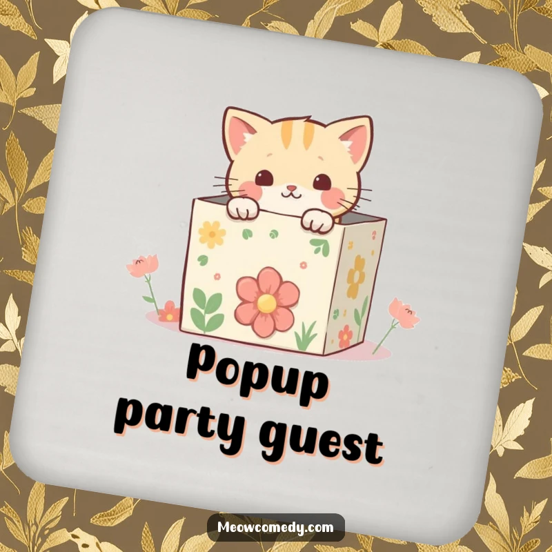 Funny kawaii cat peeking from inside a whimsical, decorated box, protecting surfaces with a dose of cute charm on a coaster.