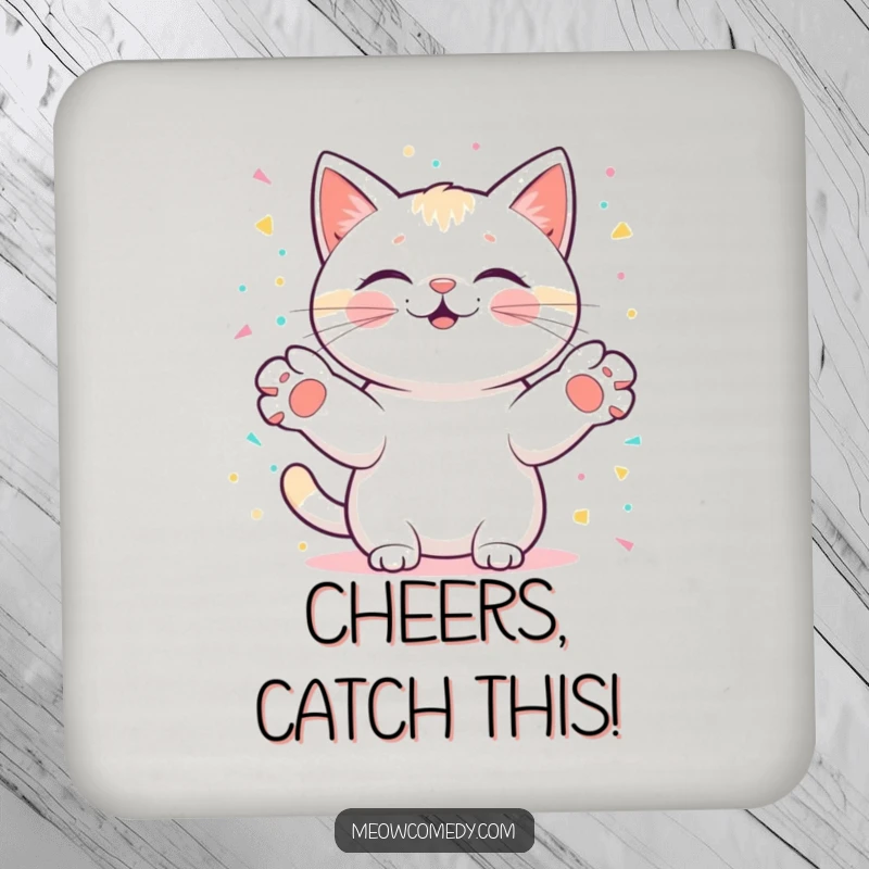 Funny kawaii cat with paws outstretched, catching digital confetti, protecting surfaces with a dose of celebration on a coaster.