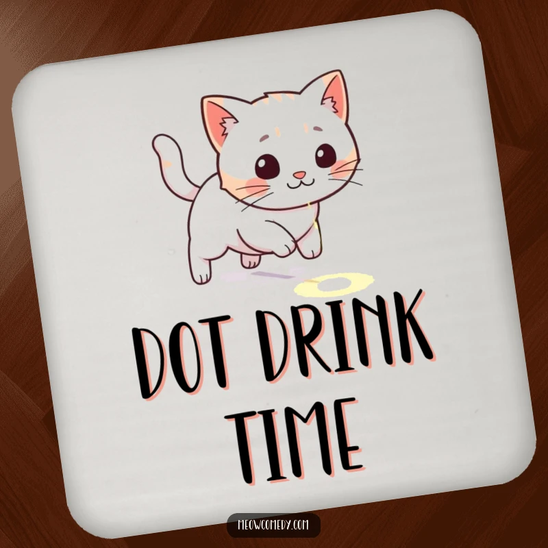 Funny kawaii cat playfully chasing a laser dot, cute and humorous coaster for drink protection.