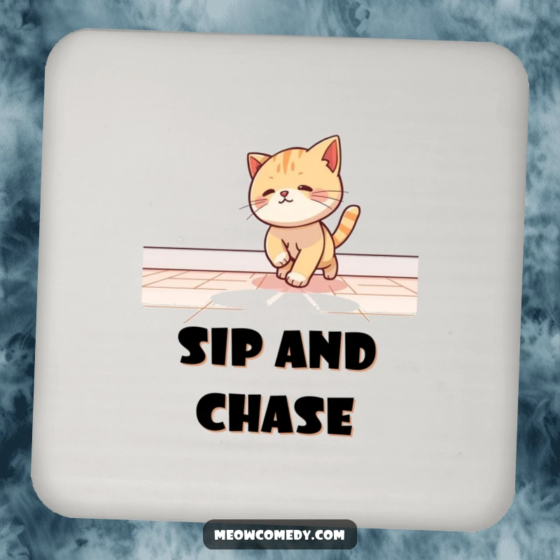 Funny kawaii cat playfully chasing a beam of light across a floor, on a drink coaster.