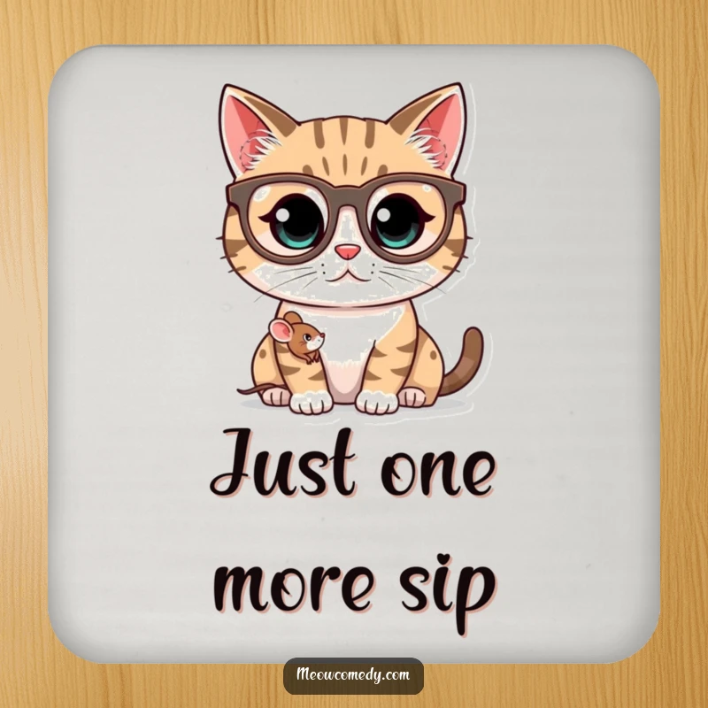 Funny kawaii cat wearing oversized spectacles, peering at a tiny mouse, a humorous coaster for drink protection.