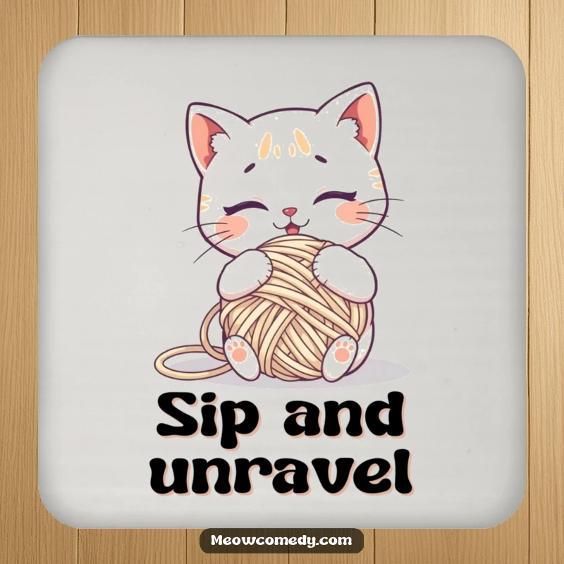 Funny kawaii cat hilariously tangled in a ball of yarn, a humorous coaster for drink protection.