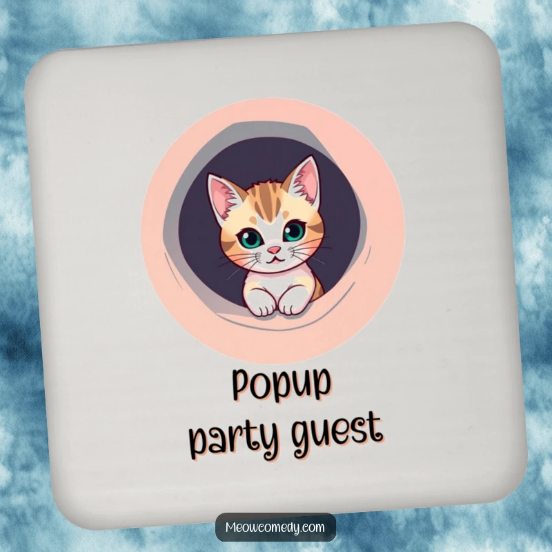 Funny Cat Coaster: A mischievous cat peeks from a round, colorful hole, protecting your surfaces with humor.