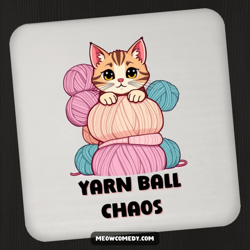 Funny cat coasters showing a mischievous cat peeking over a tall stack of colorful yarn balls with a playful glance.