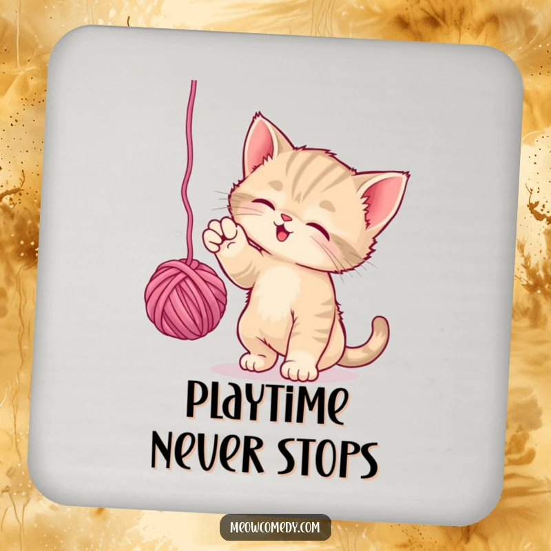 Funny Playful Kitten Coaster: A kitten batting at a ball of yarn is depicted on this amusing and decorative drink coaster.