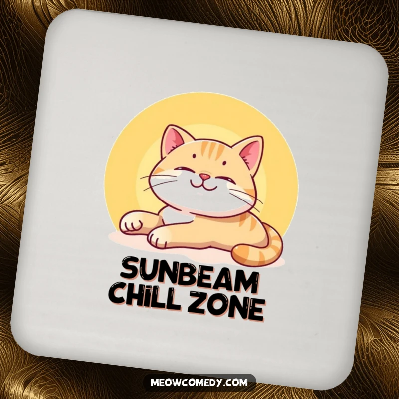 Funny Smiling Cat Drink Coaster depicting a content cat stretching lazily in a sunbeam, adding humor and calm to your drink.
