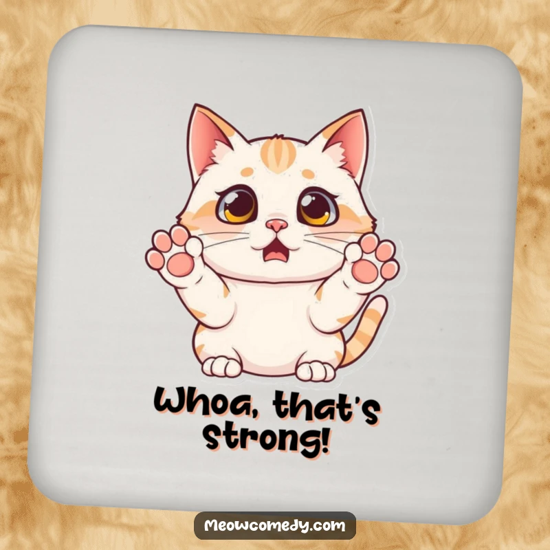 Funny surprised cat coaster, paws raised in mock fright, protecting surfaces with a comical and relatable expression.