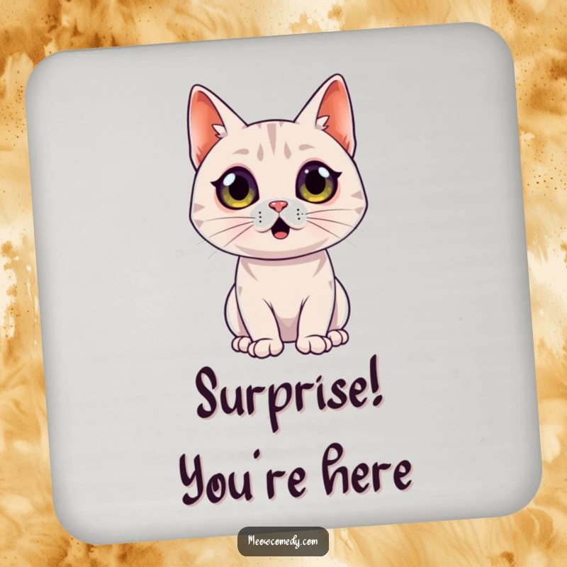 Funny Surprised Cat Coaster: A sleek cat with wide, startled eyes shows a comical surprised expression on this amusing drink coaster.