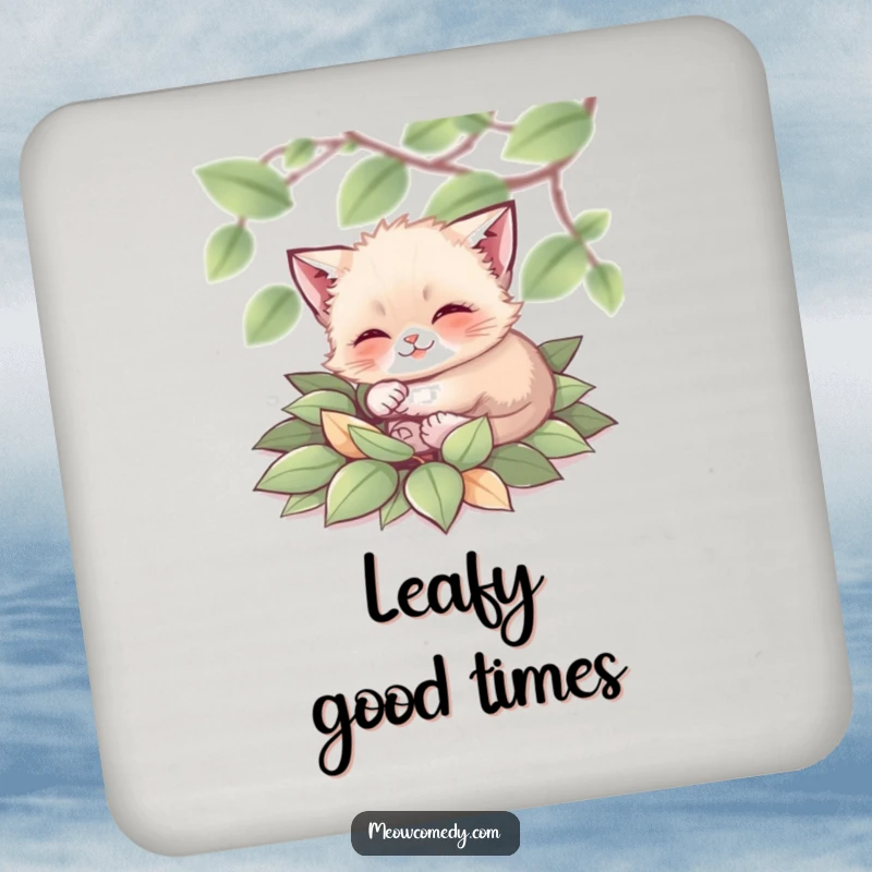 Funny Cat Coaster: A tiny cat happily rolling in leaves, protecting your table with seasonal charm.