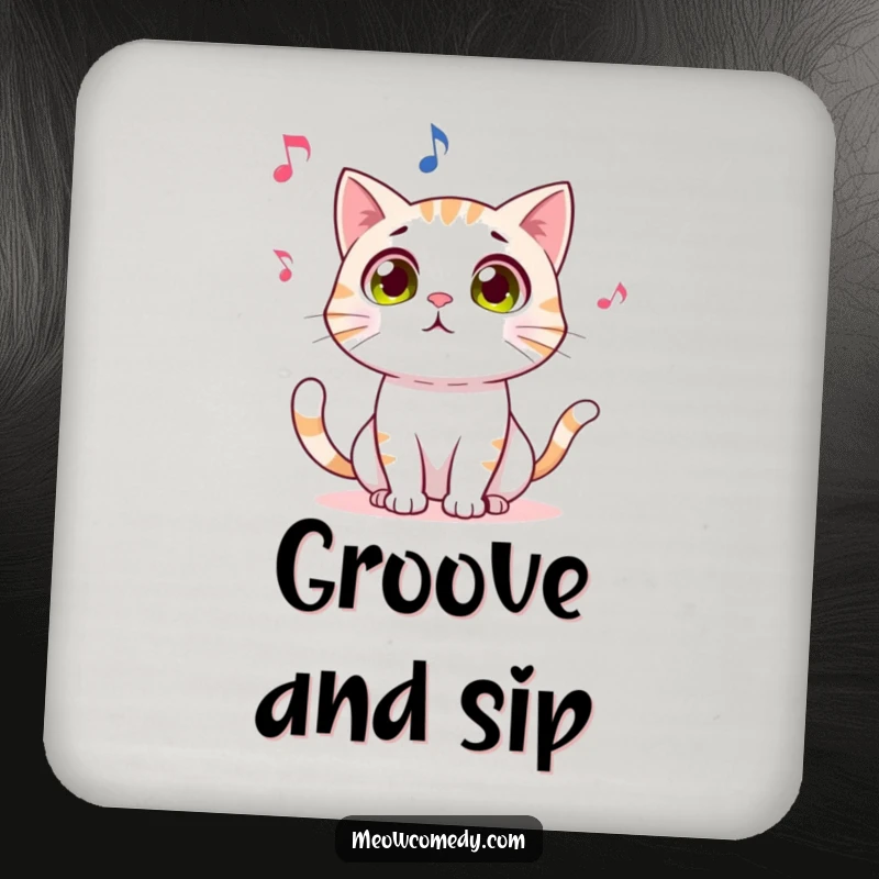 Funny drink coaster with a wide-eyed cat marveling at a whimsical dancing musical note, safeguarding surfaces with charm.