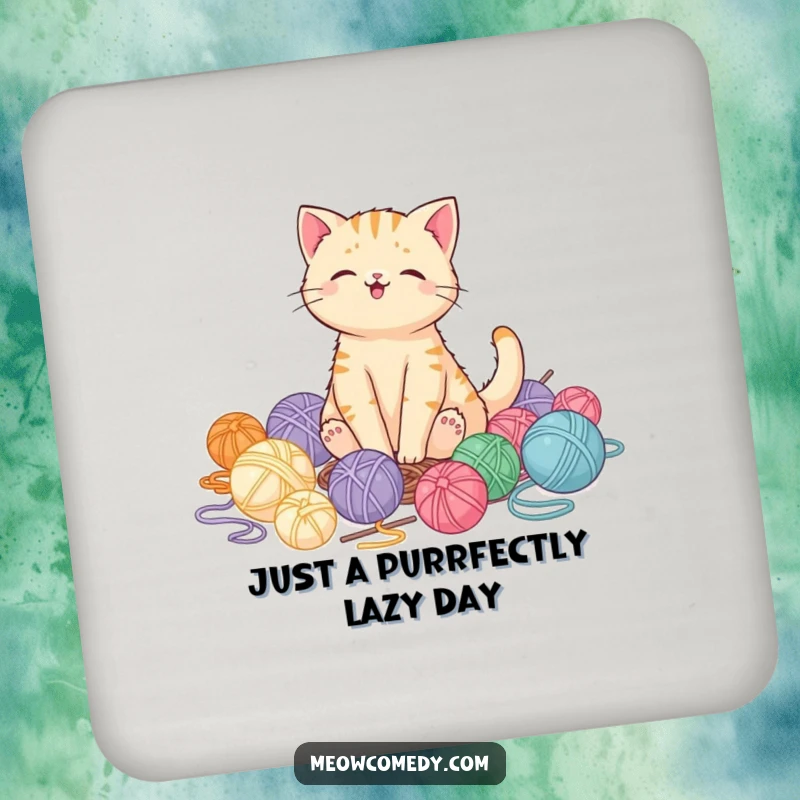 Funny kawaii cat with yarn balls coaster, pleased expression, protects surfaces, cute and funny gift set.