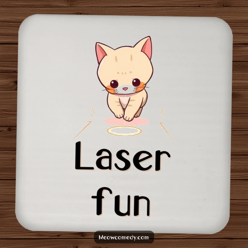 Funny set of coasters featuring a kawaii cat playfully chasing a red laser dot across a floor, protecting surfaces.
