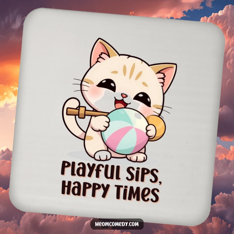 Funny drink coasters featuring a kawaii cat batting a colorful ball with delight, offering cute and humorous protection.