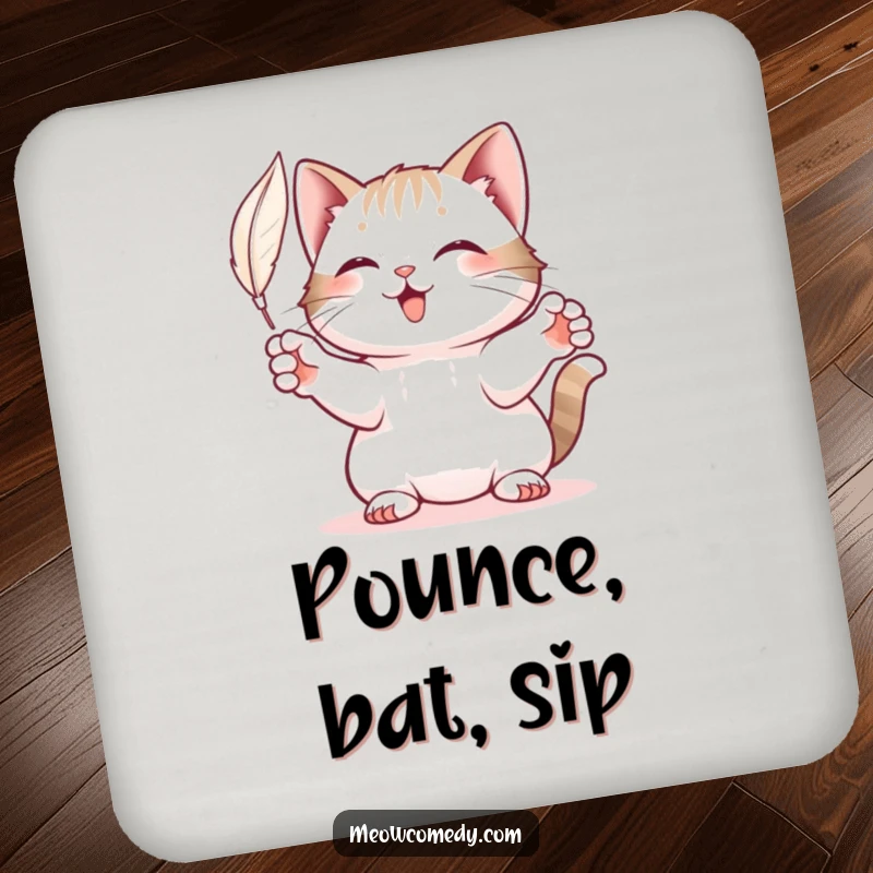 Funny Cat Coaster: A charming coaster depicting a playful cat reaching out paws to bat a feather.