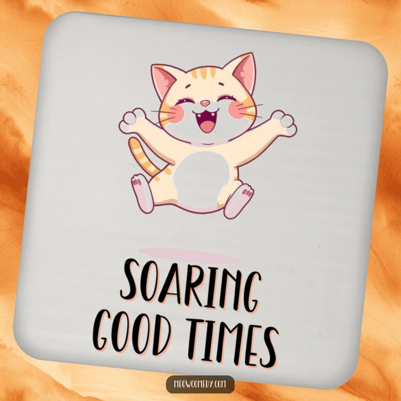 Funny graceful cat leap coaster, depicted mid-air with elegant pose, protecting surfaces with feline style and charm.