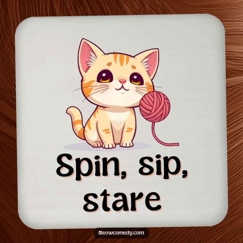Funny Cat Coaster: A charming coaster depicting a curious cat with perked ears, intently watching a spinning yarn ball.