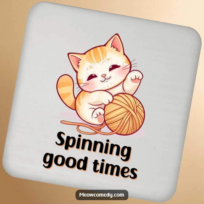 Funny cat yarn coaster, depicting a cat playfully tumbling with string, protecting surfaces with adorable feline character.