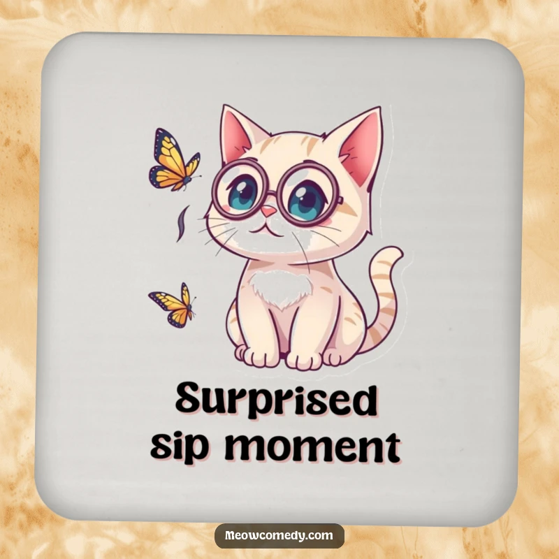 Funny kawaii cat wearing a monocle, looking surprised by a butterfly, protecting surfaces with a dose of elegant humor on a coaster.