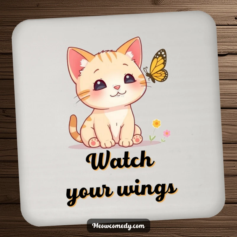 Funny Curious Cat Drink Coaster depicting a small kitten with perked ears intently watching a butterfly, adding humor and wonder to your drink.