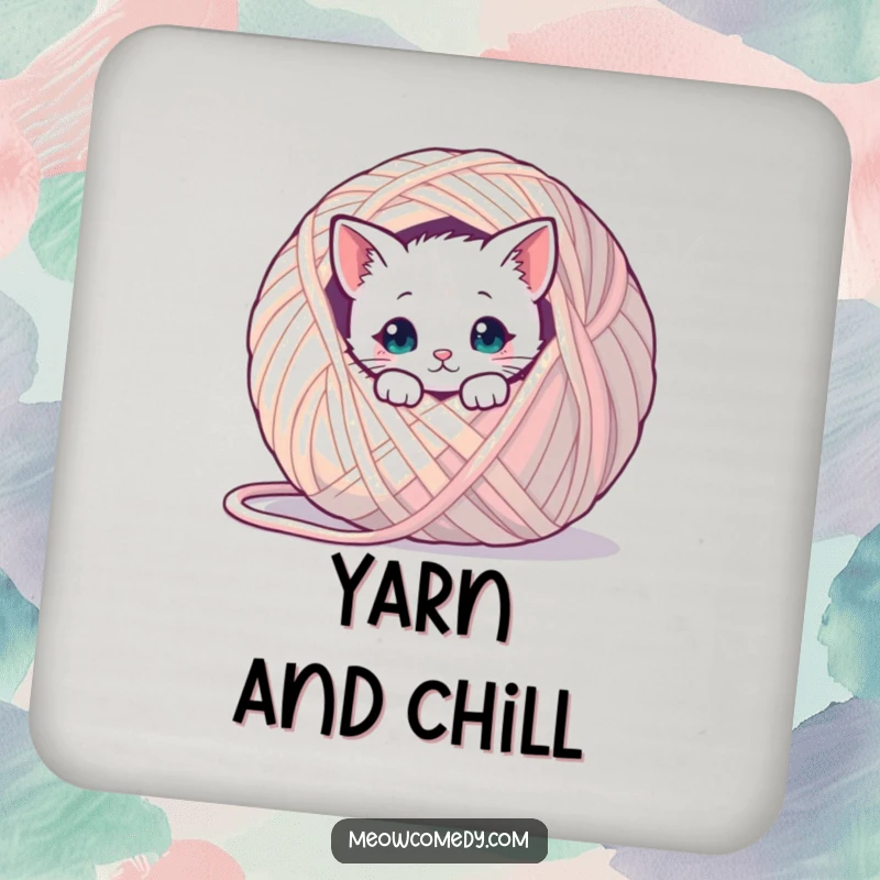 Funny kawaii cat peeking from behind a giant ball of yarn, cute and humorous coaster for drink protection.