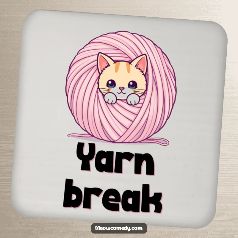 Funny set of coasters featuring a kawaii cat peeking from behind a giant ball of yarn, protecting surfaces.