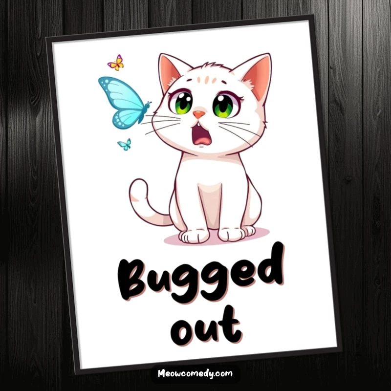 Funny startled cat, wide eyes, chasing a dancing butterfly, printed on a poster for humorous wall art, great gift.