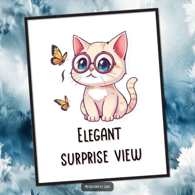 Funny kawaii cat wearing a monocle, looking surprised by a butterfly, creating a humorous and elegant piece of wall art.