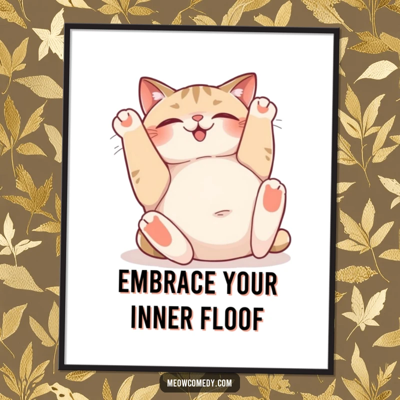 Funny poster print of a cat rolling on its back, sighing happily and exposing its belly, conveying ultimate peace and comfort.