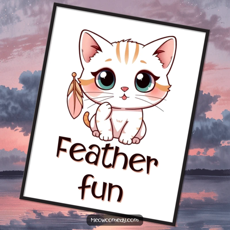 Funny kawaii cat with wide, curious eyes batting at a dangling feather, humorous and cute wall art.