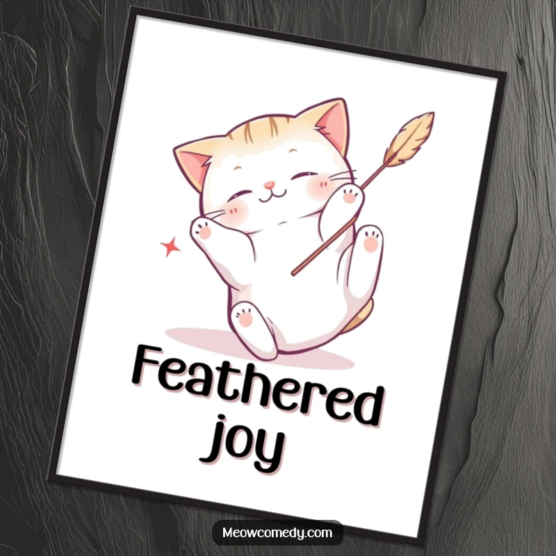 Funny Kawaii Cat Poster: A cute cat tumbling with a feather toy, amusing wall art.