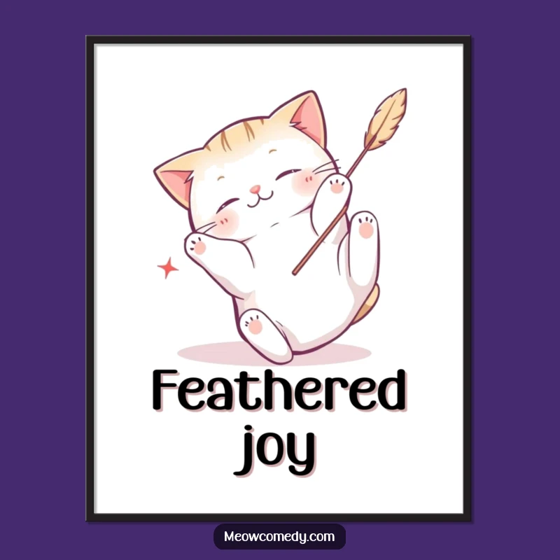 Funny Kawaii Cat Feather Frenzy Poster, Add Playful Energy to Walls