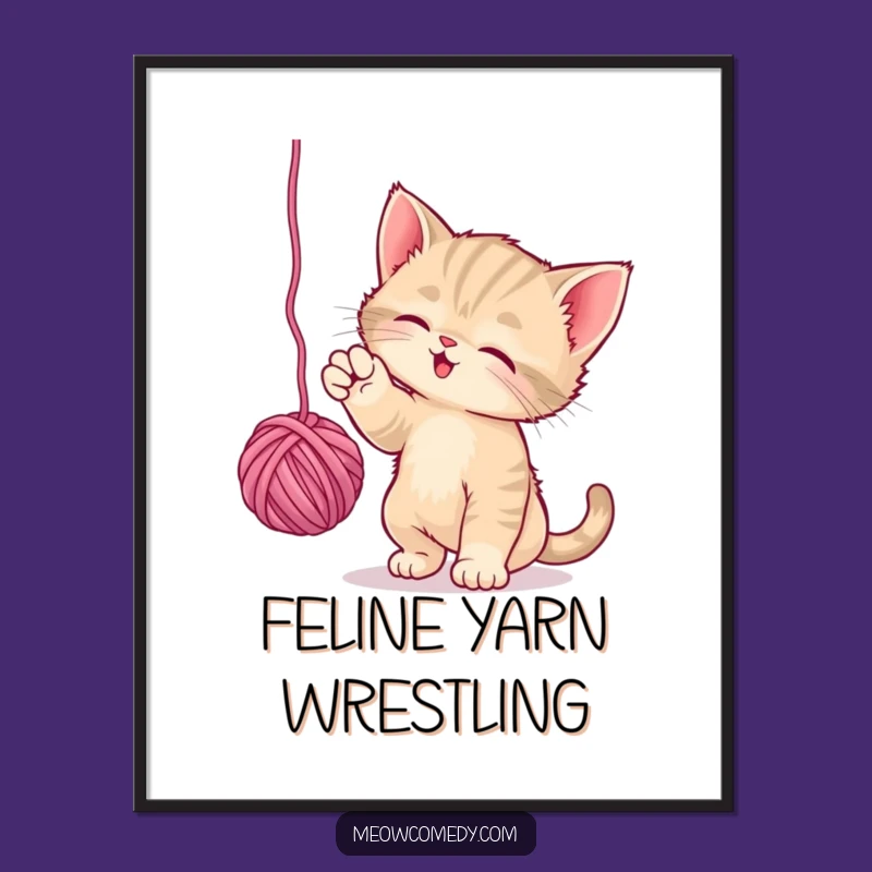 Funny Playful Kitten Poster: Yarn Batting Feline Wall Art Gift